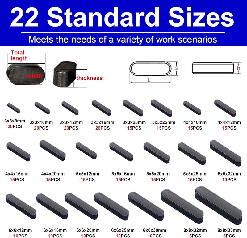 FullMayPro 557PCS Metric Woodruff Key Assortment Kit in 40 Most Popular Sizes, Include 257PCS Woodruff Half Moon Key, 300PCS Round Ended Feather Key for Fasteners Mechanical Industry Crankshaft - Image 3